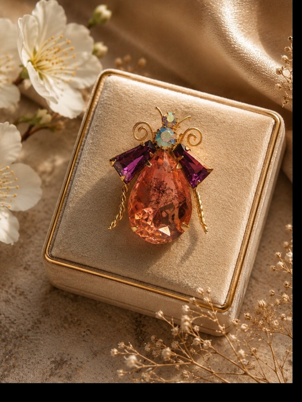 Vintage-Inspired Pink and Purple Crystal Bug Brooch
